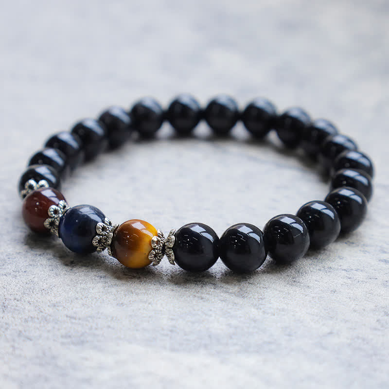 KarmaRipple's Authentic Black Obsidian Tricolor Tiger Eye Strength Bracelet p1