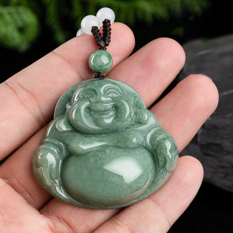 KarmaRipple's Laughing Buddha Cyan Jade Balance Pendant String Bead Necklace p4