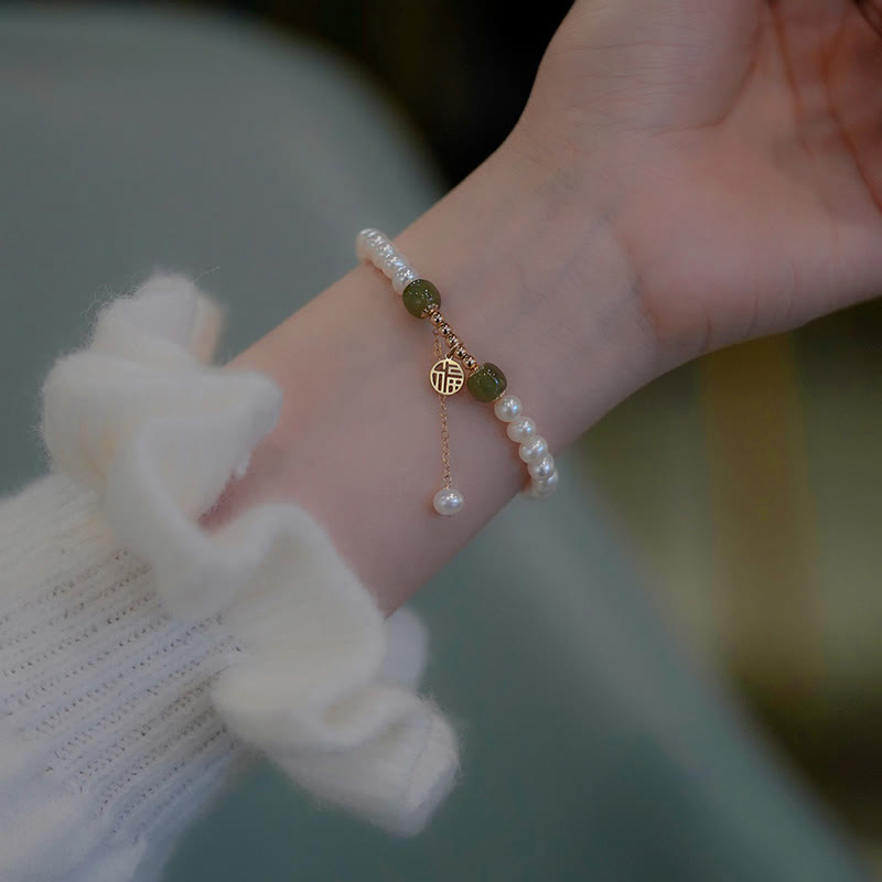 KarmaRipple's Authentic Pearl Hetian Jade Happiness Wisdom Bead Bracelet p4