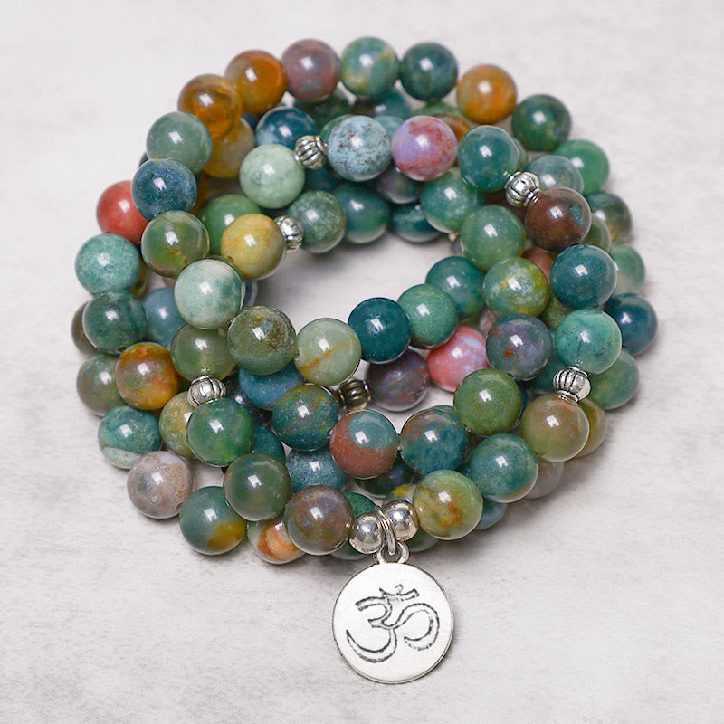 KarmaRipple's 108 Mala Beadwork Indian Agate Lotus OM Buddha Tree of life Positive Calm Bracelet p2