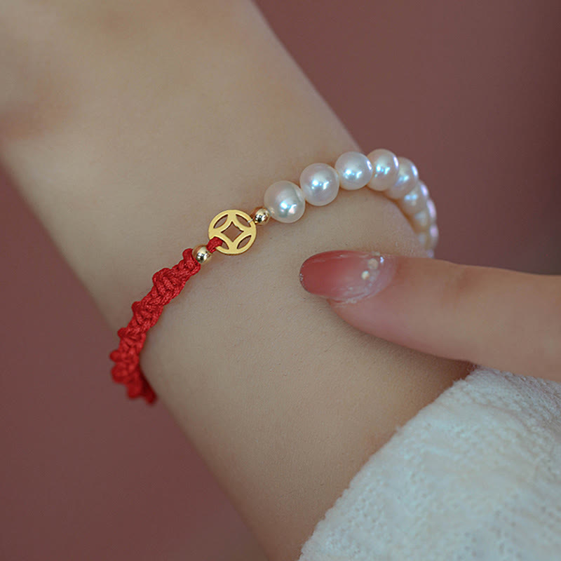 KarmaRipple's 14K Gold Plated Pearl Bead Fortune Protection Braid Red String Bracelet p9