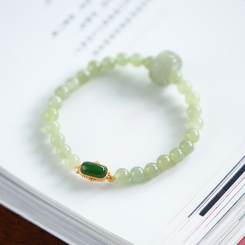 KarmaRipple's 925 Sterling Silver Plated Gold Authentic Hetian Jade Bead Gourd Lotus Bamboo Fu Character Fortune Bracelet p16