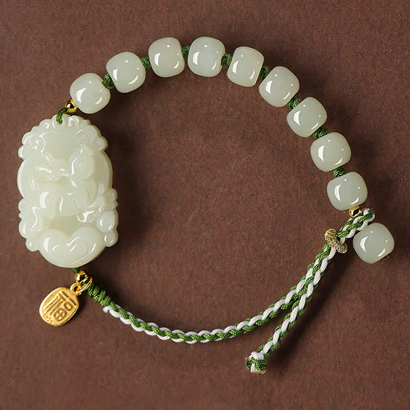 KarmaRipple's 925 Sterling Silver Chinese Zodiac Hetian Jade Happiness Fortune String Bracelet p1
