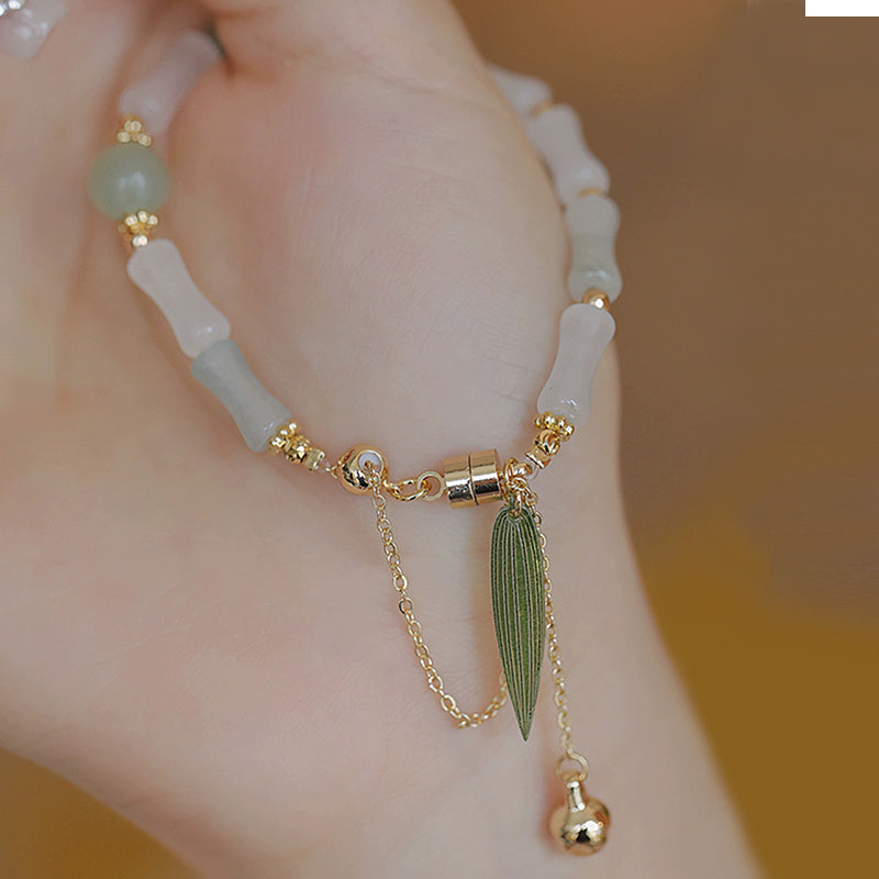 KarmaRipple's 14K Gold Plated Hetian Ivory Jade Bamboo Leaf Fortune Protection Bracelet p2