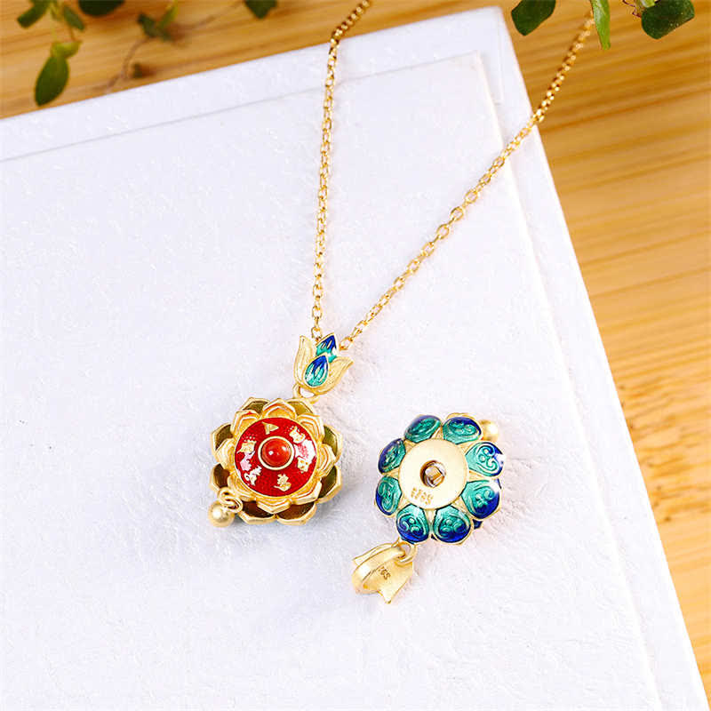 KarmaRipple's 925 Sterling Silver Tibet Lotus Prayer Wheel Red Agate Enlightenment Pendant Necklace p9