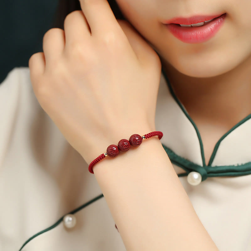 KarmaRipple's Handmade Cinnabar Om Mani Padme Hum Engraved Beadwork Blessing Woven Bracelet p4