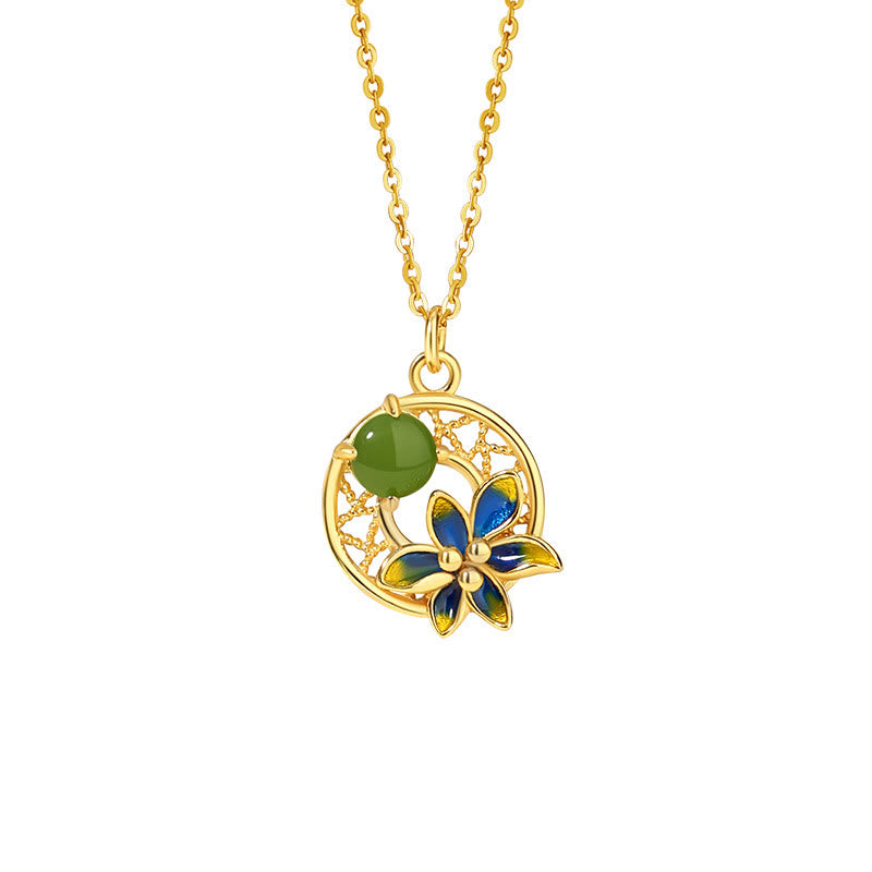 KarmaRipple's 925 Sterling Silver Authentic Hetian Cyan Jade Flower Fortune Pendant Necklace Ring Earrings Set p10