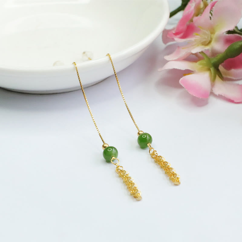 KarmaRipple's 925 Sterling Silver Authentic Hetian Cyan Jade Bead Fortune Phoenix Tail Drop Earrings p2