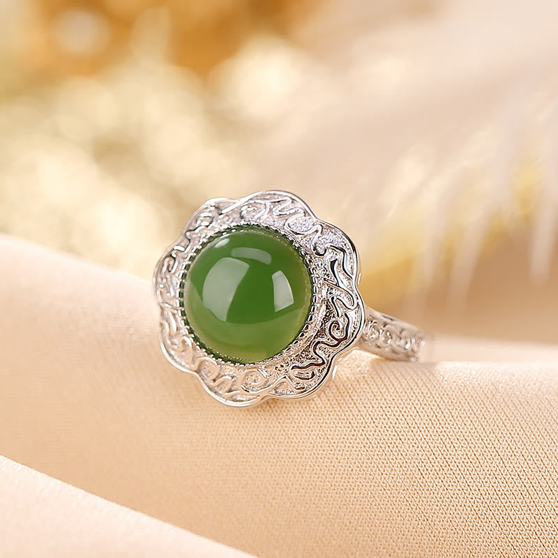 KarmaRipple's 925 Sterling Silver Hetian Cyan Jade Flower Design Fortune Adjustable Ring p2