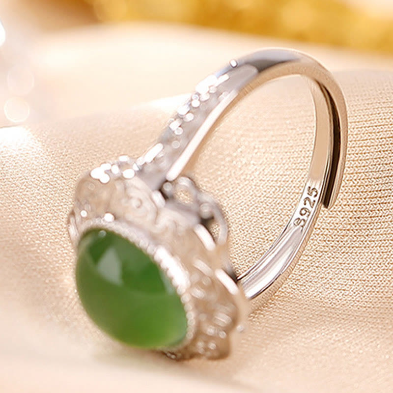 KarmaRipple's 925 Sterling Silver Hetian Cyan Jade Flower Design Fortune Adjustable Ring p5