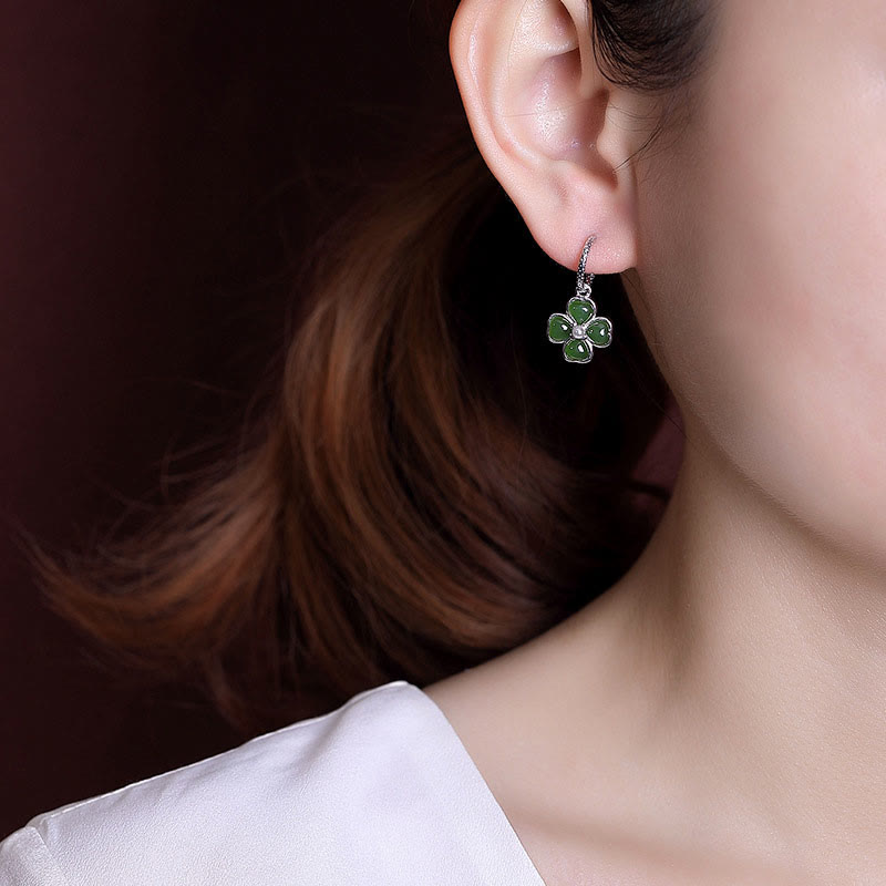 KarmaRipple's 925 Sterling Silver Authentic Cyan Jade Four Leaf Clover Fortune Success Earrings p8