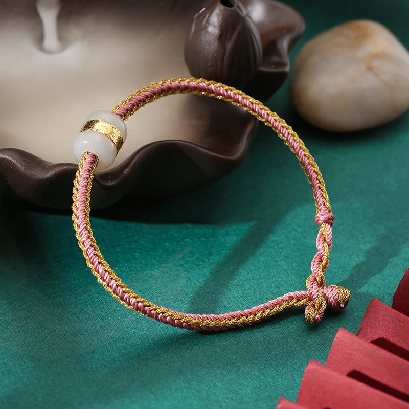 KarmaRipple's 999 Gold Hetian Ivory Jade Om Mani Padme Hum Fu Character Fortune Woven Bracelet p42