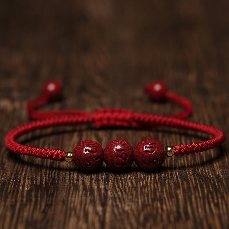 KarmaRipple's Handmade Cinnabar Om Mani Padme Hum Engraved Beadwork Blessing Woven Bracelet p1