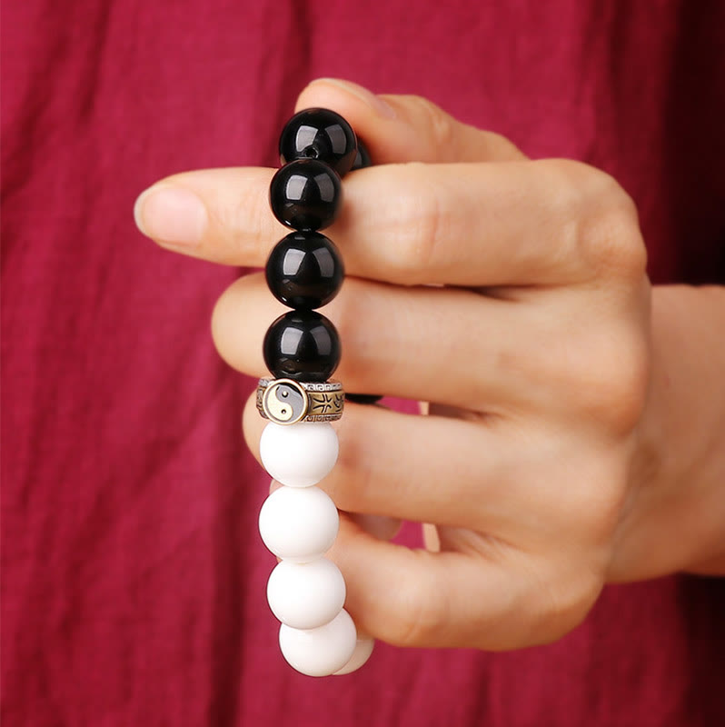 KarmaRipple's 925 Sterling Silver Black Obsidian Ivory Shell Yin Yang Strength Bracelet p7
