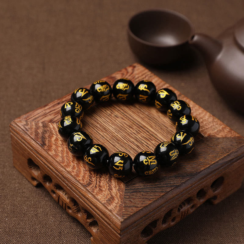KarmaRipple's Tibet Ivory Gemstone Black Onyx Om Mani Padme Hum Meditation Bracelet p24