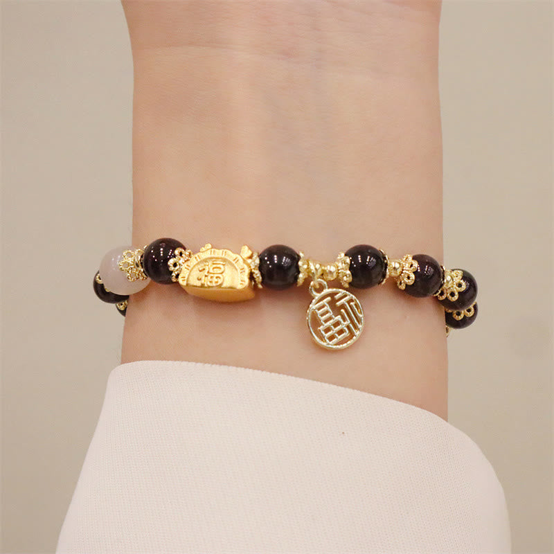 KarmaRipple's Year Of The Dragon Red Agate Strawberry Quartz Black Obsidian Jade Garnet Pearl Cinnabar Dumpling Dragon Fortune Fu Character Bracelet p21