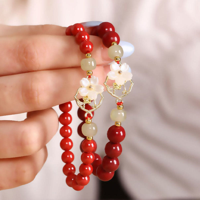 KarmaRipple's Authentic Cinnabar Jade Beaded Tridacna Stone Flower Blessing Bracelet p7