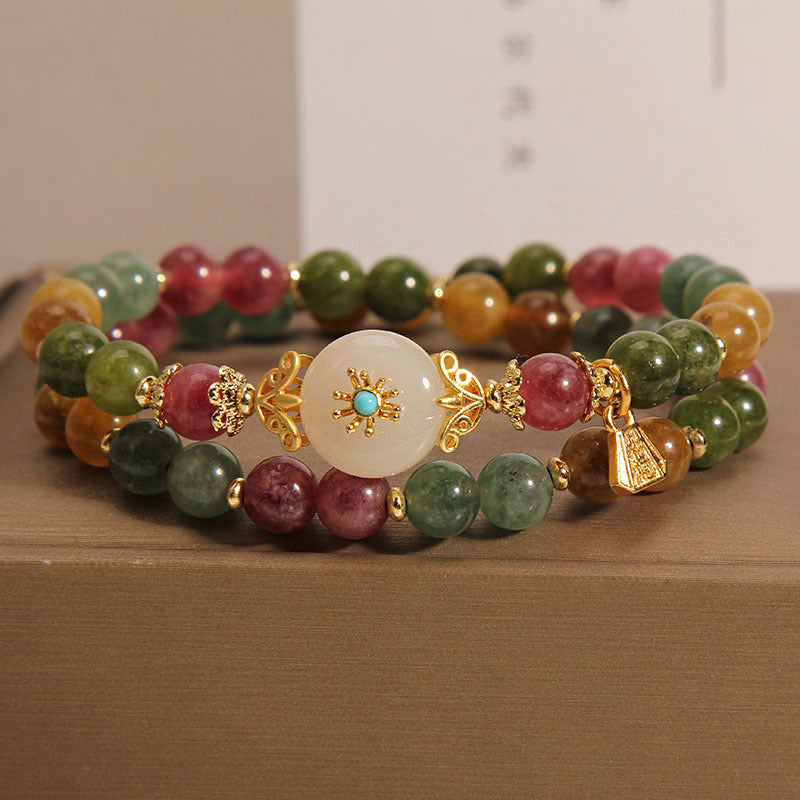 KarmaRipple's Authentic Multicolored Tourmaline Positive Jade Flower Double Wrap Bracelet p7