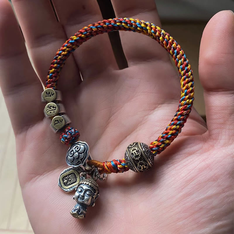 KarmaRipple's Handmade Tibetan 925 Sterling Silver Chinese Zodiac Natal Buddha Zakiram Goddess of Wealth Protection Multicolored Rope Woven Bracelet p22