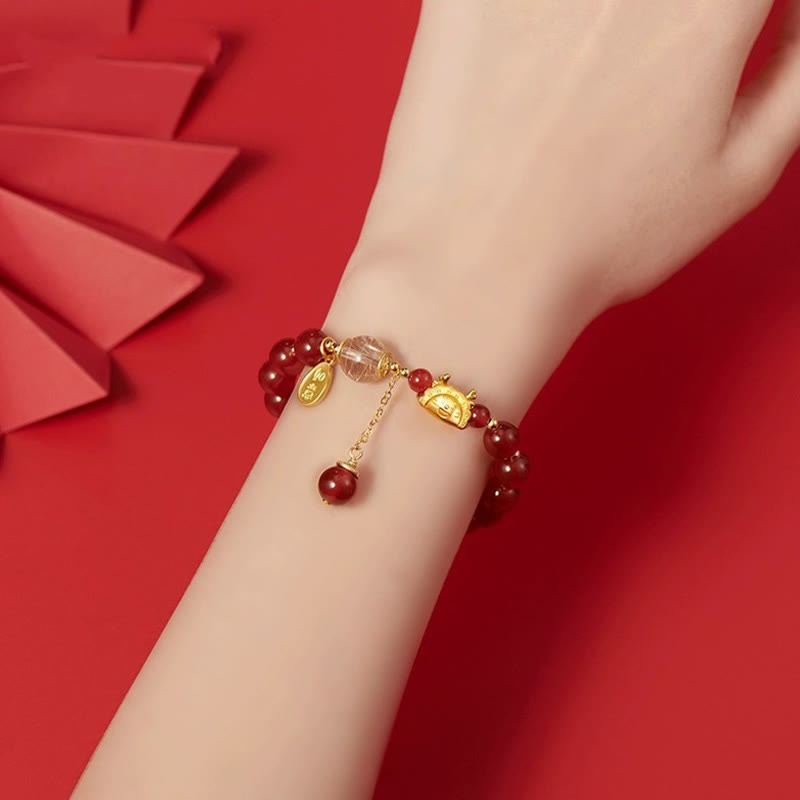 KarmaRipple's Year of the Dragon Dumpling Authentic Red Agate Garnet Hetian Jade Fu Character Fortune Success Bracelet p11