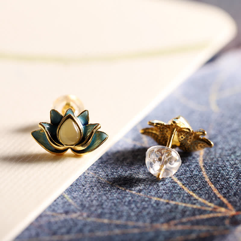 KarmaRipple's 925 Sterling Silver Hetian Cyan Jade Lotus Flower Success Earrings p3