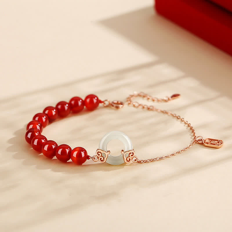 KarmaRipple's 925 Sterling Silver Authentic Red Agate Ivory Jade Peace Buckle Confidence Bracelet p1