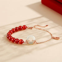 KarmaRipple's 925 Sterling Silver Authentic Red Agate Ivory Jade Peace Buckle Confidence Bracelet