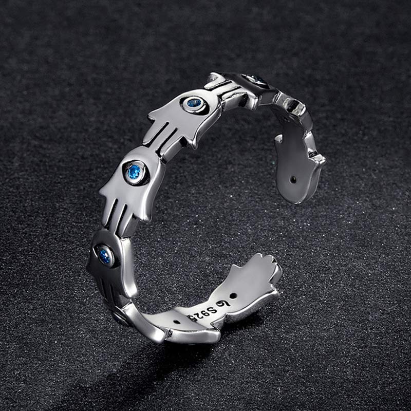 KarmaRipple's 925 Sterling Silver Hamsa Symbol Zircon Adjustable Ring p9