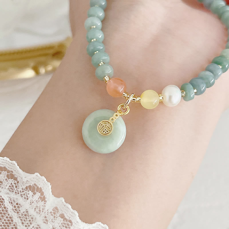 KarmaRipple's Authentic Hetian Jade Pearl Peace Buckle Fu Character Gourd Money Bag Strawberry Quartz PiXiu Fortune Bracelet p7