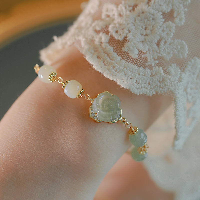 KarmaRipple's 14K Gold Plated Hetian Jade Rose Flower Fortune Chain Bracelet p7