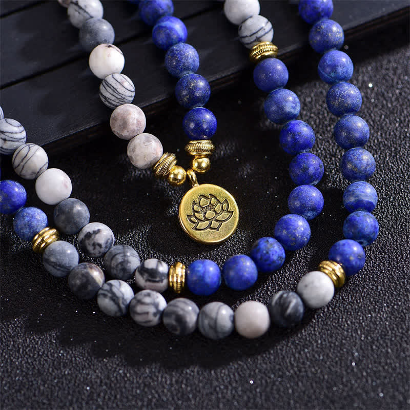 KarmaRipple's Lazurite Picasso Jasper Amazonite Rhodonite Apatite Positive Lotus Prayer Bead Bracelet p6