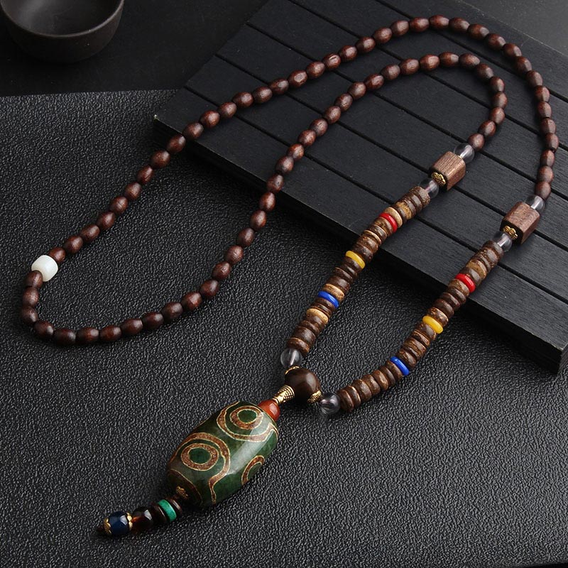 KarmaRipple's Turquoise Dzi Bead Prayer Wheel Wenge Wood Meditation Pendant p12
