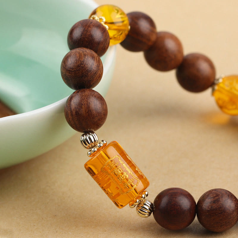 KarmaRipple's Authentic Phoebe Zhennan Wood Om Mani Padme Hum God Of Wealth Gemstone Protection Bracelet p9