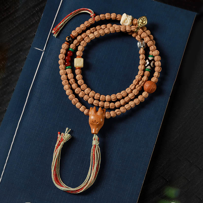 KarmaRipple's 108 Beadwork Bodhi Seed Red Agate Deer Head Wisdom Mala Bracelet p2