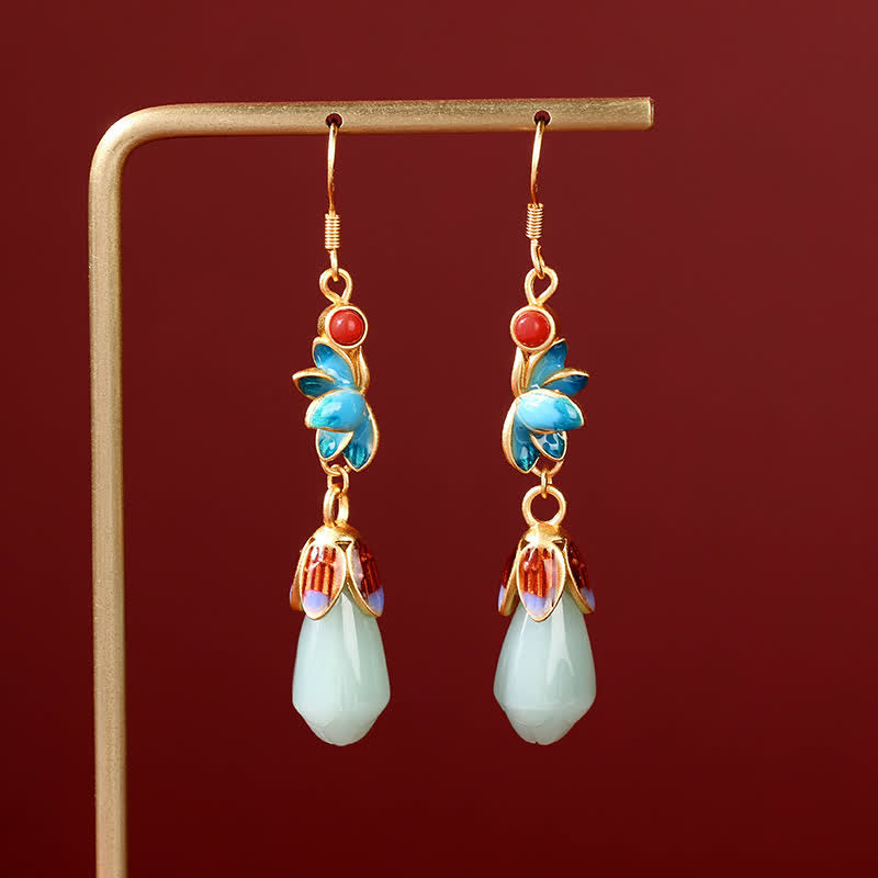KarmaRipple's Magnolia Flower Jade Pattern Fortune Prosperity Drop Dangle Earrings p1