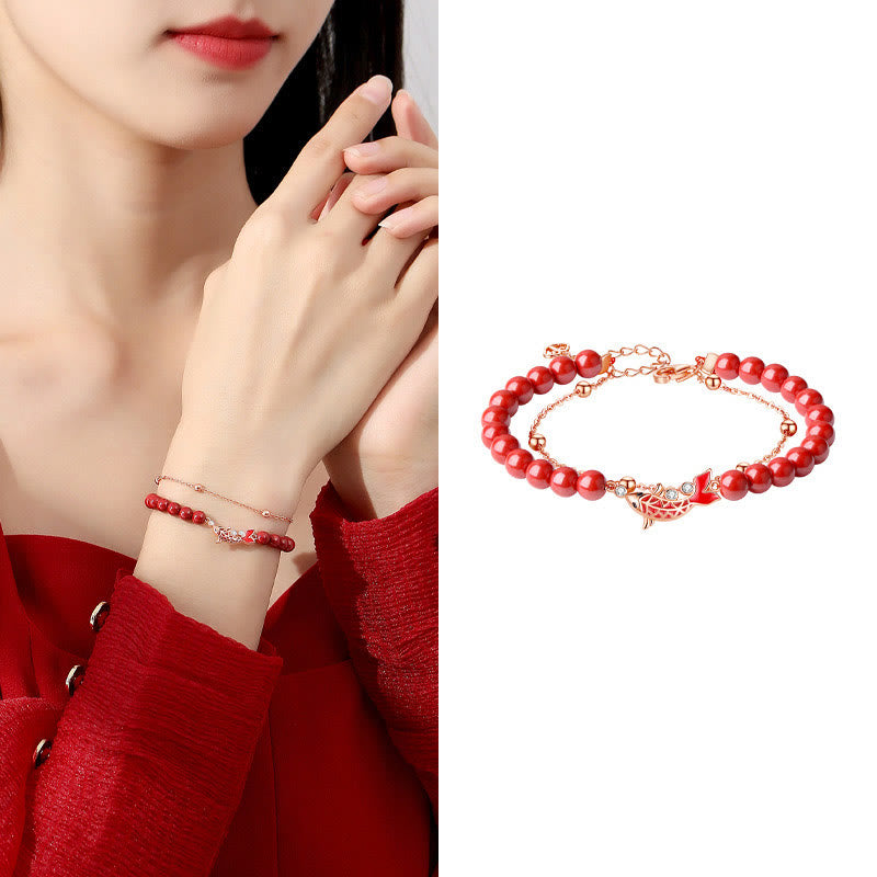 KarmaRipple's 925 Sterling Silver Fortunate Koi Fish Cinnabar Zircon Prosperity Double Layer Chain Bracelet p13