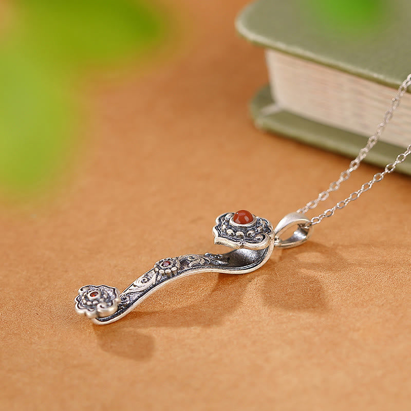 KarmaRipple's 925 Sterling Silver Red Agate Cyan Jade Auspicious Clouds Ruyi Handle Blessing Pendant Necklace p3