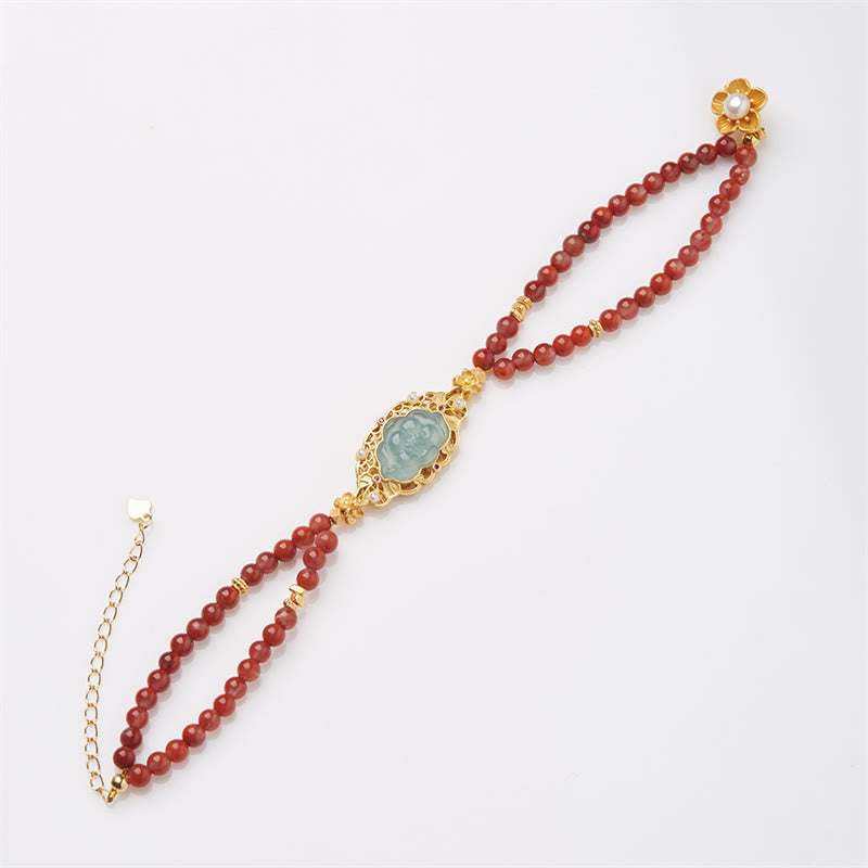 KarmaRipple's 925 Sterling Silver Plated Gold Authentic Red Agate Lotus Jade Calm Double Layer Bracelet p2