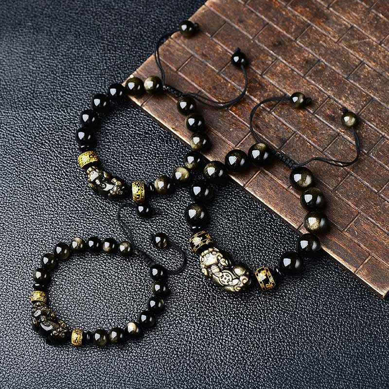 KarmaRipple's Authentic Gold Sheen Obsidian PiXiu Om Mani Padme Hum Wealth Woven Bracelet p5