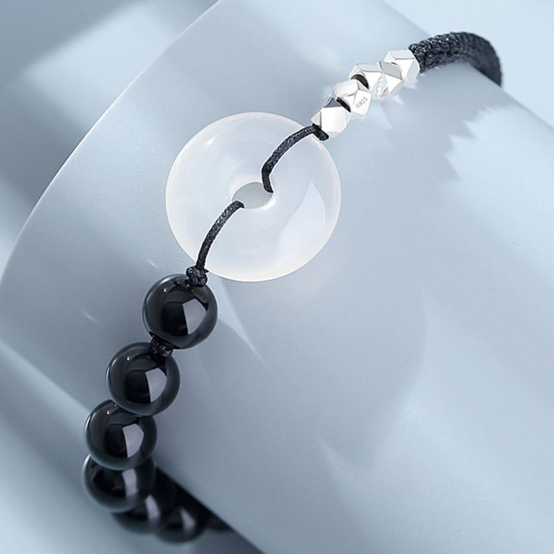 KarmaRipple's 925 Sterling Silver Black Obsidian Agate Peace Buckle Strength Bracelet p8