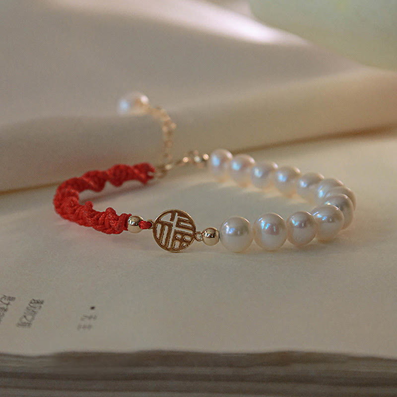 KarmaRipple's 14K Gold Plated Pearl Bead Fortune Protection Braid Red String Bracelet p20
