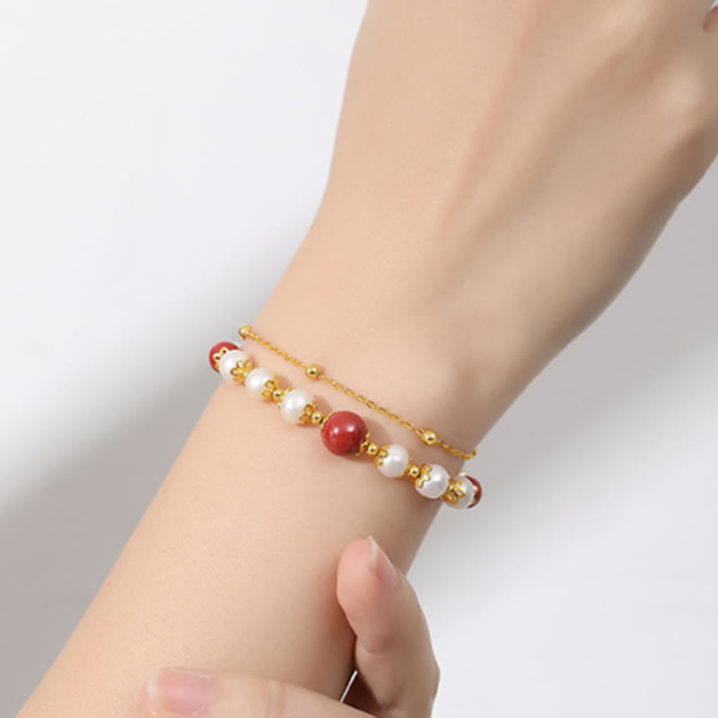 KarmaRipple's 925 Sterling Silver Pearl Cinnabar Wisdom Bead Double Layer Chain Bracelet p7