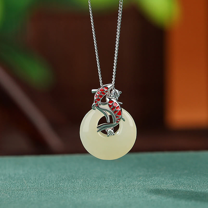 KarmaRipple's 925 Sterling Silver Hetian Jade Peace Buckle Koi Fish Fortune Pendant Necklace p13