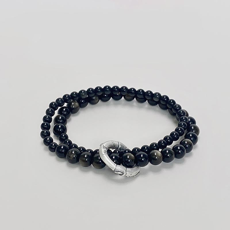 KarmaRipple's 999 Sterling Silver Black Obsidian Fulfillment Strength Double Layer Bracelet p1