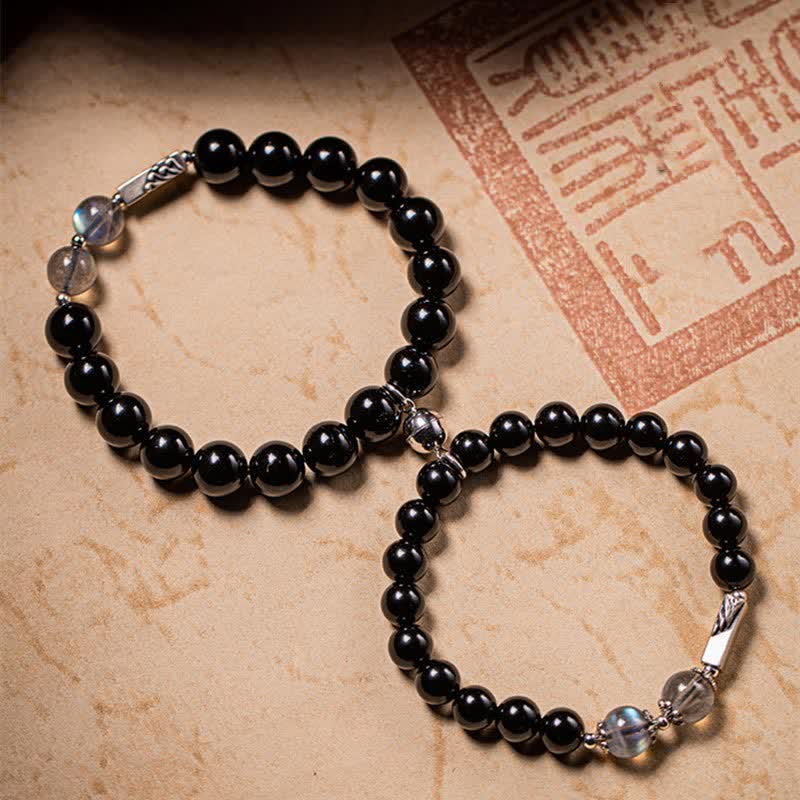 KarmaRipple's 925 Sterling Silver Obsidian Moonstone Strength Pair Bracelet p24