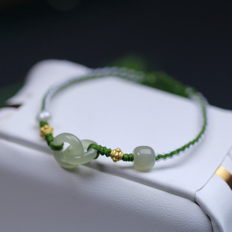 KarmaRipple's 925 Sterling Silver Hetian Jade Double Peace Buckle Fortune Woven Bracelet p1