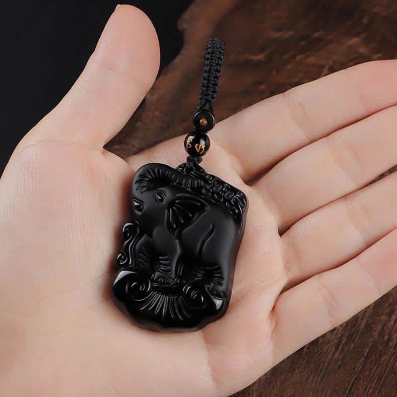 KarmaRipple's Black Obsidian Elephant Protection String Pendant Necklace Key Chain p15