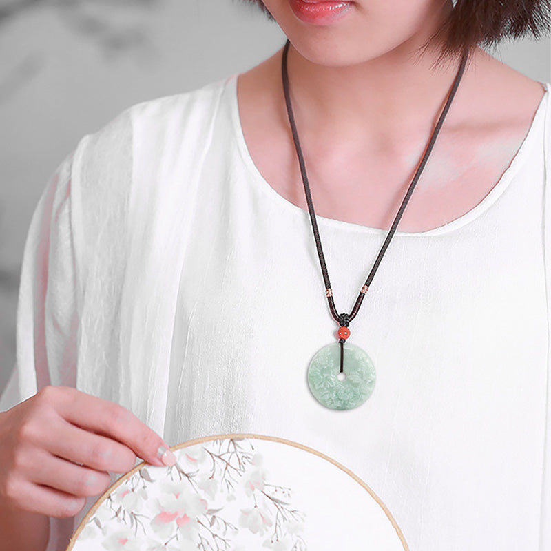 KarmaRipple's Round Jade Peace Buckle Peony Flower Abundance Pendant Necklace p4