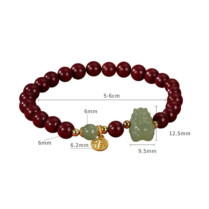 KarmaRipple's 925 Sterling Silver Year of the Dragon Authentic Cinnabar Hetian Jade Dragon Fu Character Ruyi As one'shes Talisman Blessing Bracelet ( p14