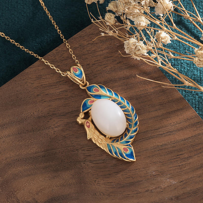 KarmaRipple's Ivory Jade Peacock Bronze Blessing Pendant Necklace p2